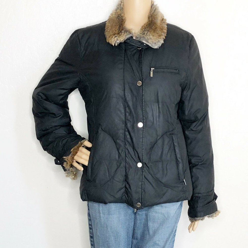 Ellen Tracy Company Puffer Down Coat Black Women's Small Fur-Trim Zip Jacket